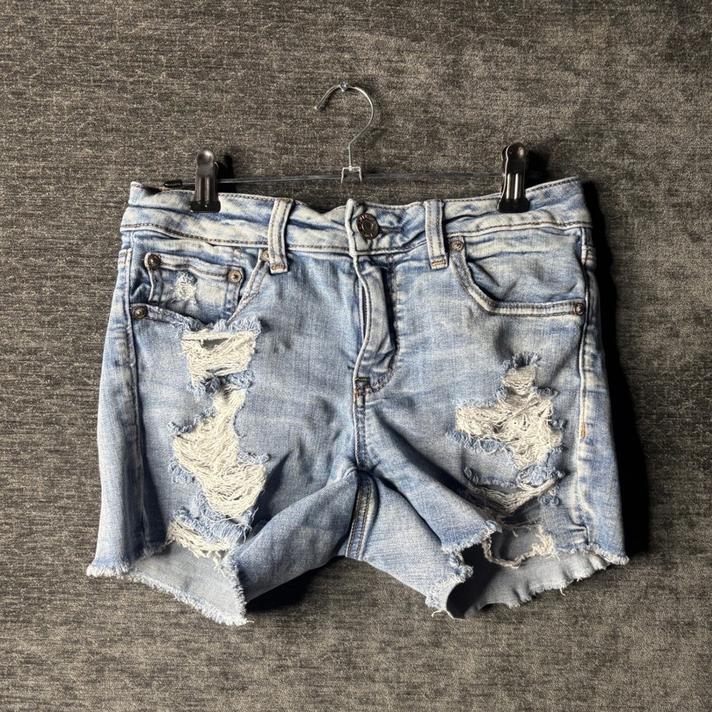 American Eagle Next Level Stretch Distressed Lace Denim Shorts 6 Light Wash Y2K